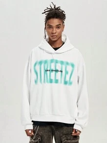Manfinity VCAY Men's Loose Letter Print Long Sleeve Fluffy Fashion Hooded Sweatshirt, Thick Graphic White Gym Hoodie, For Friends, Husband, Boyfriend Gifts