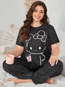Rabbit Bow Decor Casual Sleepwear Set, Suitable For All Seasons, Plus Size