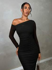 SHEIN BAE 女式优雅褶饰网眼派对晚会中长连衣裙，长袖，修身款，适合秋季