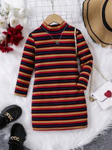 SHEIN Young Girl Casual Colorful Striped Knit Crew Neck Long Sleeve Dress