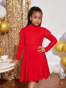 SHEIN Tween Girls Christmas Casual Solid Color Knitted Crew Neck Long Sleeve Dress - Red - View 4