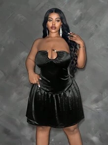 Maweii Plus Size Women Black Tight Knit Off Shoulder Plunge Neckline Mini Dress - Black - View 6