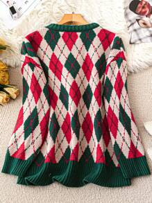 Flirla 加大码圣诞菱格纹毛衣，复古小熊图案，针织套头衫，秋冬款 - 彩色 - 查看 2