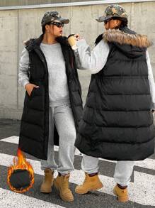 SHEIN EZwear Plus Size Hooded Contrast Fuzzy Trim Sleeveless Padded Vest, Winter Women Clothes