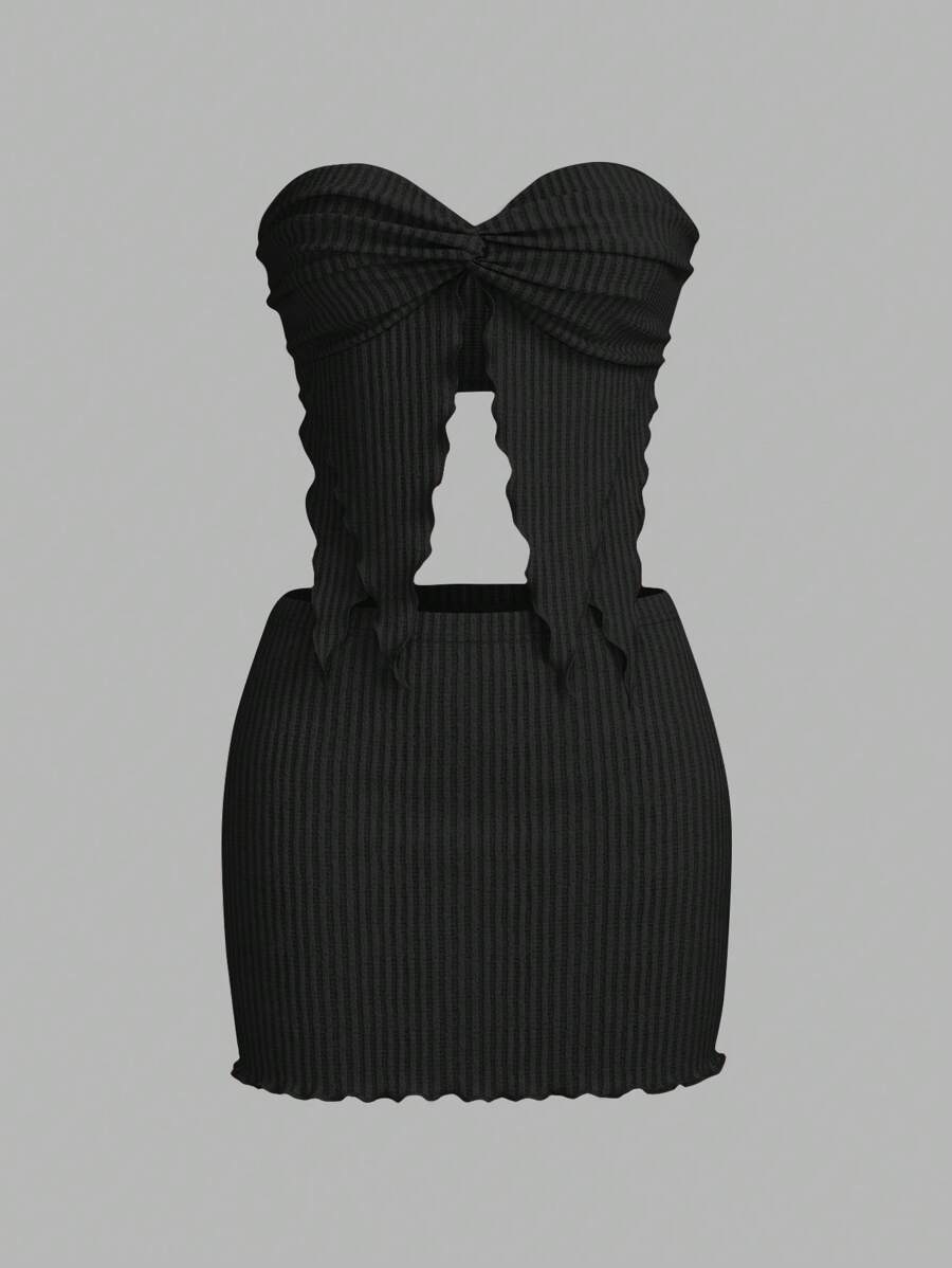 SHEIN ICON 2pcs/Set Women Strapless Double Hem Top And Low Waist Mini Skirt Set - Black - View 1