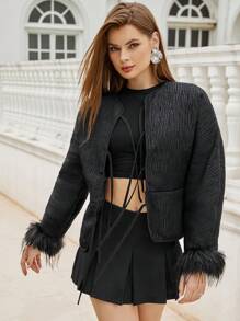 Aveloria Rosie Chaqueta corta acolchada ligera con puño de peluche, estilo patchwork y nudo delantero para mujer, estilo joven y casual, para otoño/invierno