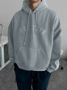 DAZY Men's Casual Letter Embroidered Drawstring Hooded Sweatshirt, Autumn - Green - View 6