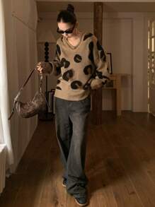 DAZY Women V-Neck Long Sleeve Leopard Pattern Detail Casual Pullover Sweater,Fall Clothes - Brown - View 4