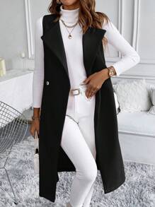 EMERY ROSE Áo khoác dài vừa phải không tay màu trơn giản dị, mùa thu/đông - màu đen - Xem 1