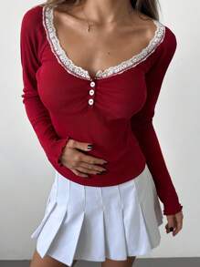 Aloruh Red Christmas Deep V-Neck Lace Patchwork Bodycon Ribbed Long Sleeve T-Shirt For Women - Red - View 1