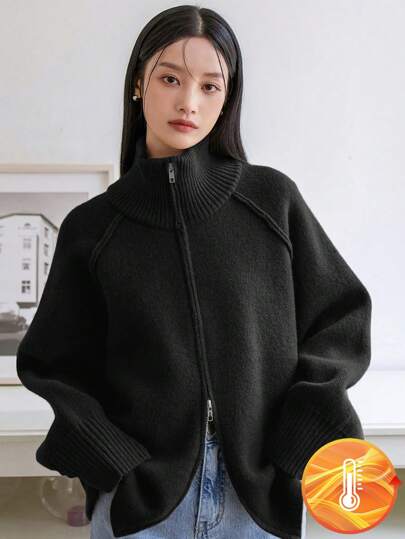 Dazy-Less Cardigan zippé chaud à col montant de style minimaliste pour femmes, style "Old Money", vêtements d'automne pour femmes, tenues décontractées chic pour le travail