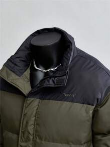 Manfinity VCAY 年轻男士时尚休闲长袖棉服夹克，日常穿着，缝线英式刺绣细节，宽版剪裁，适合秋冬 - 軍綠色 - 查看 4