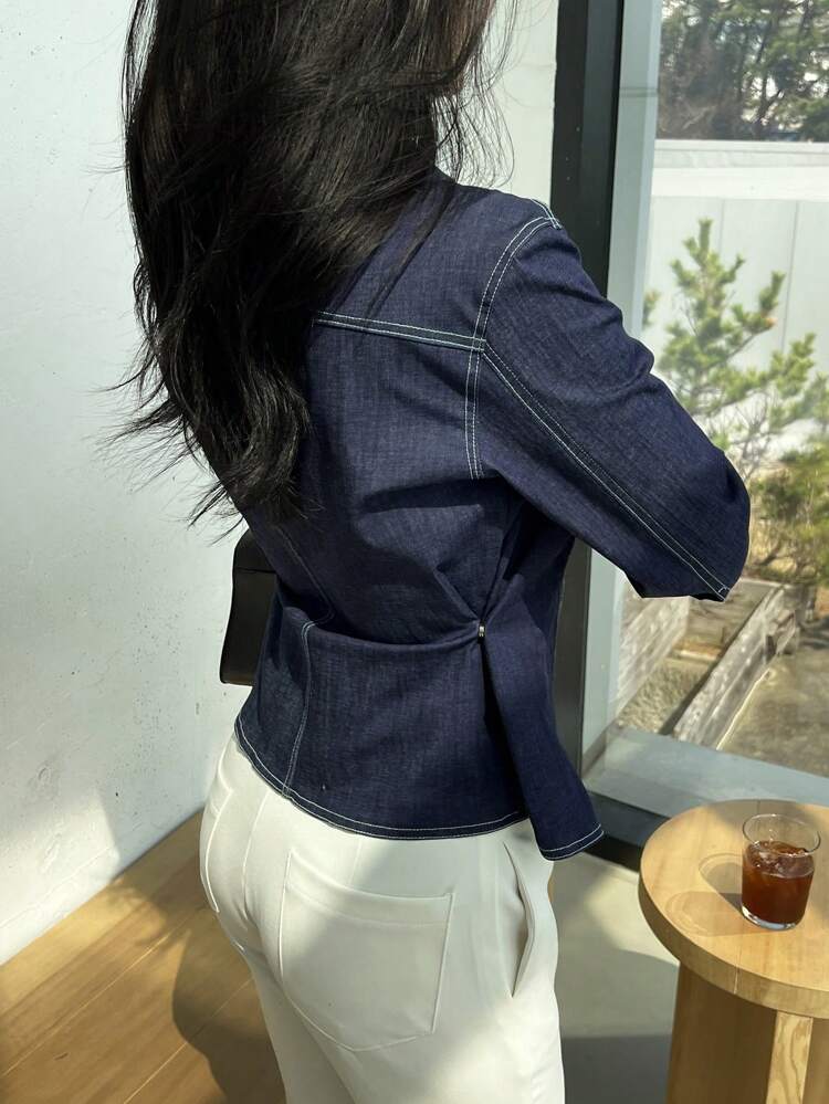Women Solid Fitted Cropped Button Up Denim Shirt, Autumn,Jeans Jacket,Fall Women Clothes
