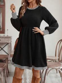 SHEIN VCAY Đầm dệt kim đi nghỉ thường ngày dáng chữ A, eo màu khối, tay áo, cổ tròn cho nữ, mùa thu/đông - màu đen - Xem 4