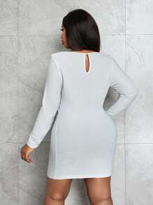 Slaydiva 1pc Women Plus Size Solid Color Draped Neck Long Sleeve Bodycon Dress, Elegant For Autumn
