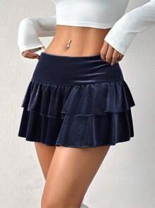 Muchica 1 件女式纯色褶皱简约天鹅绒 A 字裙，休闲日常穿着