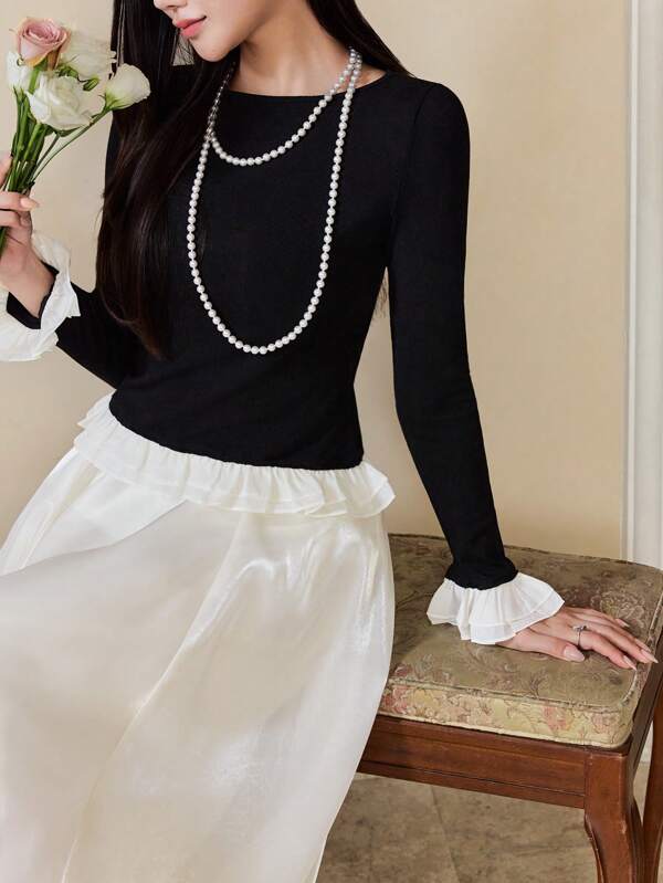 EastFlair 1 قطعه بلوزة نسائية لون عادي قصة لاصقة ياقة مستديرة، أكمام طويلة، متناسقة