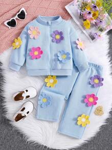 SHEIN 2 件套婴儿/女婴舒适休闲彩色 3D 花卉上衣和裤子套装 - 淺藍色 - 查看 1