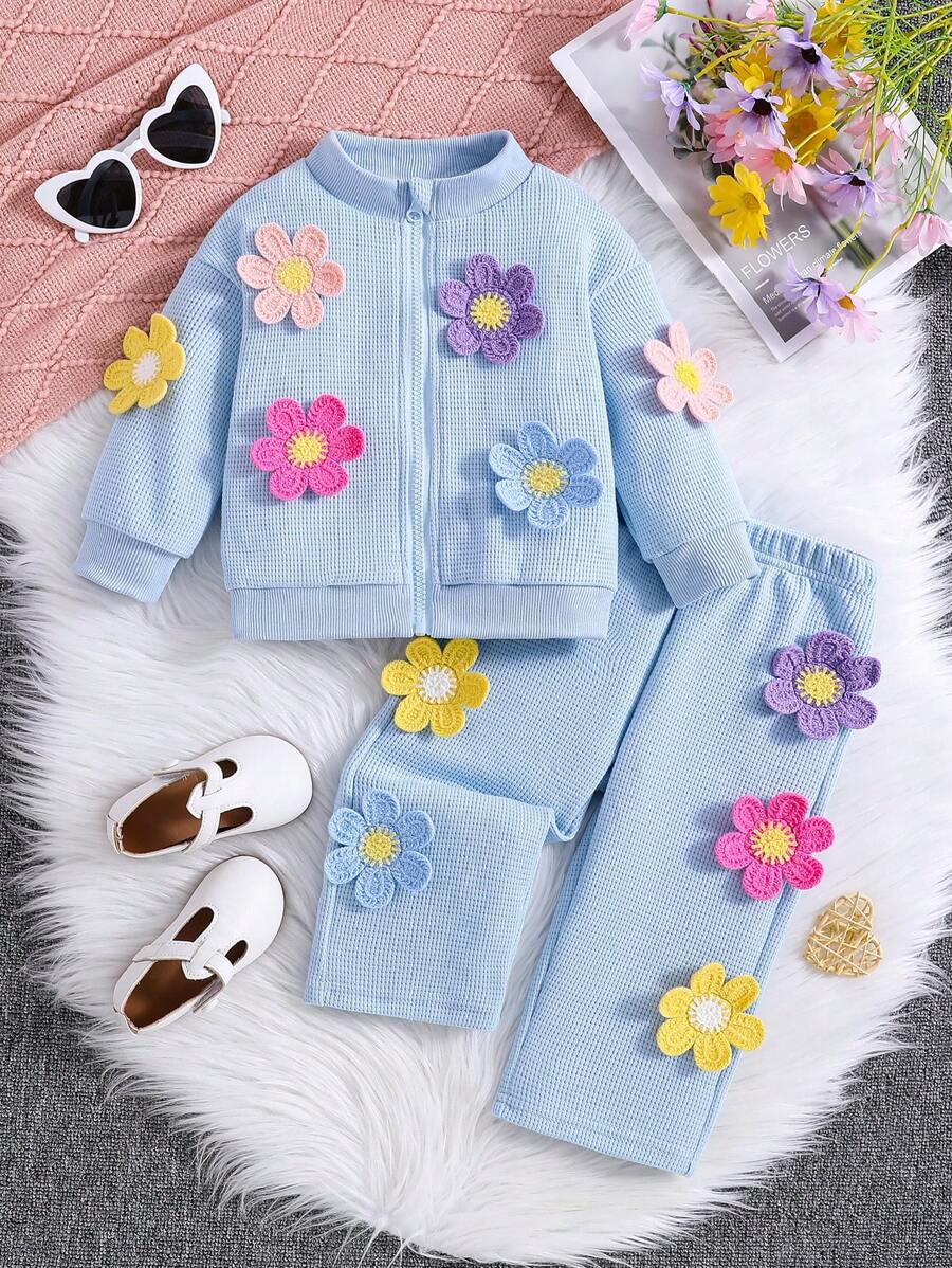 SHEIN 2 件套婴儿/女婴舒适休闲彩色 3D 花卉上衣和裤子套装 - 淺藍色 - 查看 1