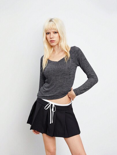 TRNVIE 1pc Women Deep Gray V-Neck Slim Fit Comfortable Long Sleeve Casual All-Match T-Shirt, Versatile For Autumn & Winter