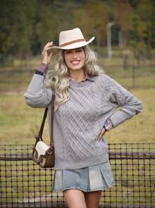 LanaWest Suéter de cuello redondo casual de mujer con nudo de diamante, puños con botones, de punto, para otoño e invierno - Gris - Ver 1
