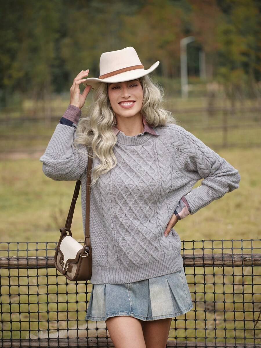 LanaWest Suéter de cuello redondo casual de mujer con nudo de diamante, puños con botones, de punto, para otoño e invierno - Gris - Ver 1