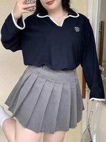 Dazy Plus 加大码刺绣图案撞色宽松 T 恤，春夏秋季学院风上衣长袖女上衣，秋季女装 - 藏蓝色 - 查看 3