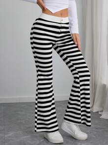 SHEIN EZwear Casual Knit Black And White Striped Low Waist Straight Leg Women Pants