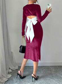 Elenzga 1pc Women's Black Velvet Long Sleeve Square Neck Backbow Tie-Up Slit Dress For New Year Holiday Party Clothes Burgundy Maxi Women Outfit - Burgundy - View 2