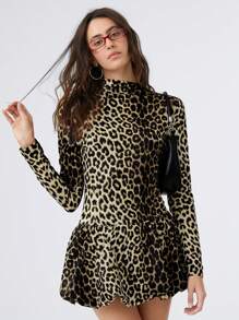 SHEIN EZwear Women's New High Neck Leopard Print Pleated Slim Fit Flower Hem Dress,Perfect For Back To School