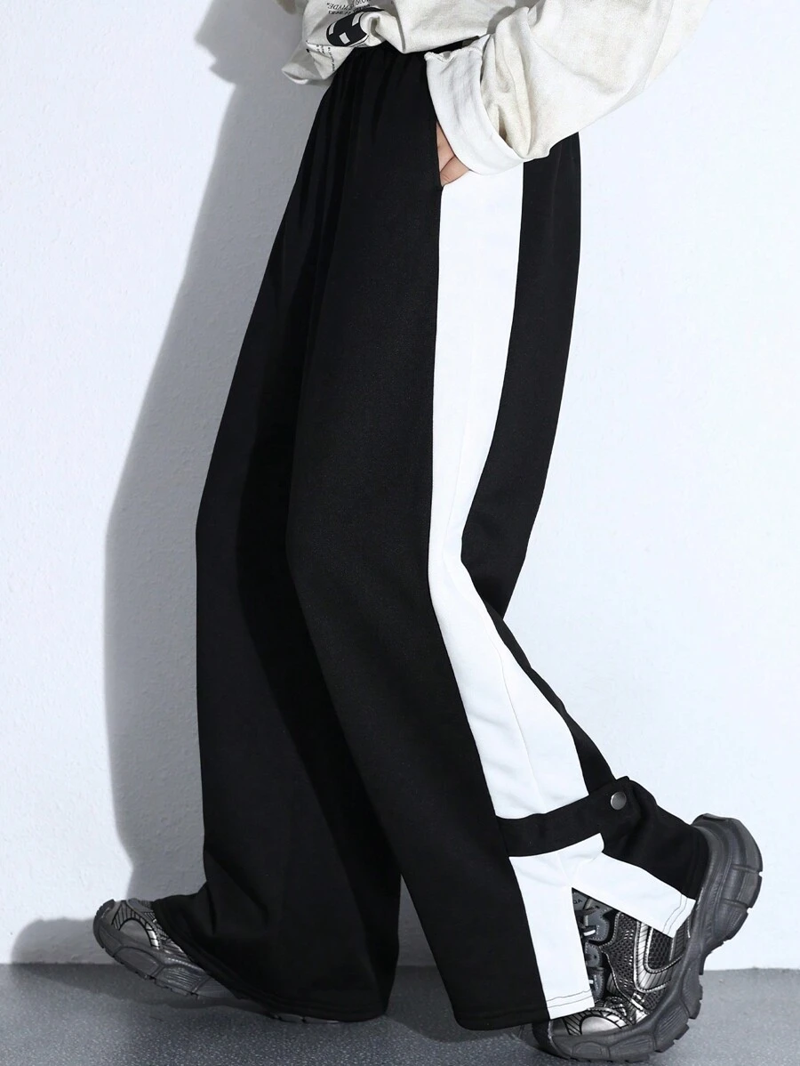 Tween Boy Casual Loose Straight Leg Sweatpants With Slit Hem, Suitable For Commuting, School, Daily Casual, College Life, Sports In Autumn/Winter - Black - View 1