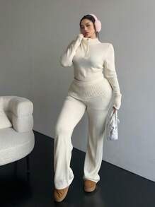 Flirla Ocazional și sexy cu talie înaltă cu fermoar Decor trunchiat pulover cu mânecă lungă pentru femei Set de comanda, modă pentru toamnă/iarnă - Bej - Vizualizare 5