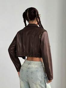 StreetHx Y2k Cropped Burgundy Leather Zip-Up Jacket - Maroon - View 2