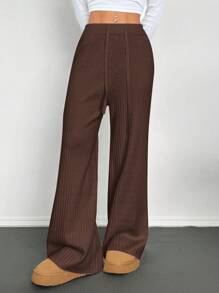 SHEIN EZwear Brown Drawstring Rib Knit Straight Leg Casual Sweatpants - Brown - View 4