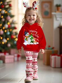 SHEIN 2pcs/Set Christmas Baby Girl Red Autumn Funny Graphic Reindeer & Santa Claus Fair Isle Drop Shoulder Hoodie Sweatshirt And Leggings Birthday Set - Multicolor - View 3