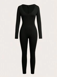 SHEIN SXY Set de 2 piezas Mono ajustado de manga larga cuello redondo de unicolor para mujer para otoño