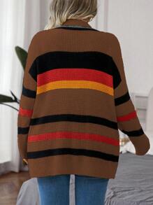 Calvaya Plus Size Women Striped Drop Shoulder Long Sleeve Pocket Casual Cardigan, Autumn/Winter