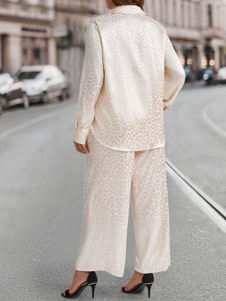 Plus Size Winter Women Long Sleeve Leopard Pattern Jacquard Shirt And Long Pants 2 Pieces Set, Casual, Elegant Women's Clothing