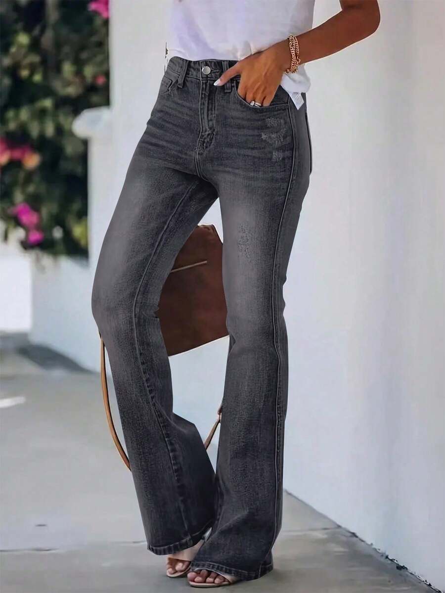 ARWY Faded American Slim Fit Fashionable Versatile Bootcut Jeans For Women, Elegant Bohemian Everyday, Night Out, Vacation, Suitable For Halloween, Easter, All Seasons - 深灰色 - 查看 1