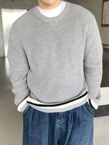 Manfinity CasualKnits Men's Casual Crew Neck Contrast Color Knitted Pullover Sweater - Grey - View 3