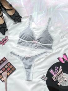 Contrast Lace Cut Out Bow Front Bra & Thong Lingerie Set - Grey - View 4