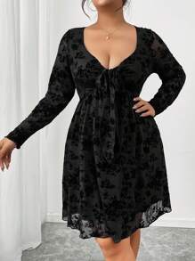 SHEIN Frenchy Plus Size Women Black Flocked Mesh See-Through A-Line Dress, Front Tie And Asymmetric Design, Funnel Neck - Black - View 1