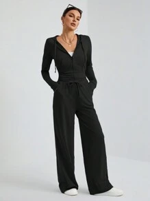 SHEIN Tall 休闲街头灰色连帽中前拉链紧身上衣+阔腿裤两件套 - 黑色 - 查看 4