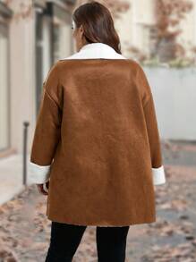 SHEIN LUNE Plus Size Faux Shearling Button Up Jacket, Contrasting Colors, Suitable For Winter