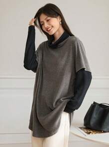 DAZY Women's Casual Color Block Drop Shoulder T-Shirt, Autumn/Winter Long Sleeve Women Tops,Fall Women Clothes Turtleneck Women - Dark Grey - View 5