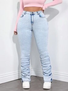 SHEIN ICON Plus Size Solid Color Pleated Pocket Casual Skinny Jeans