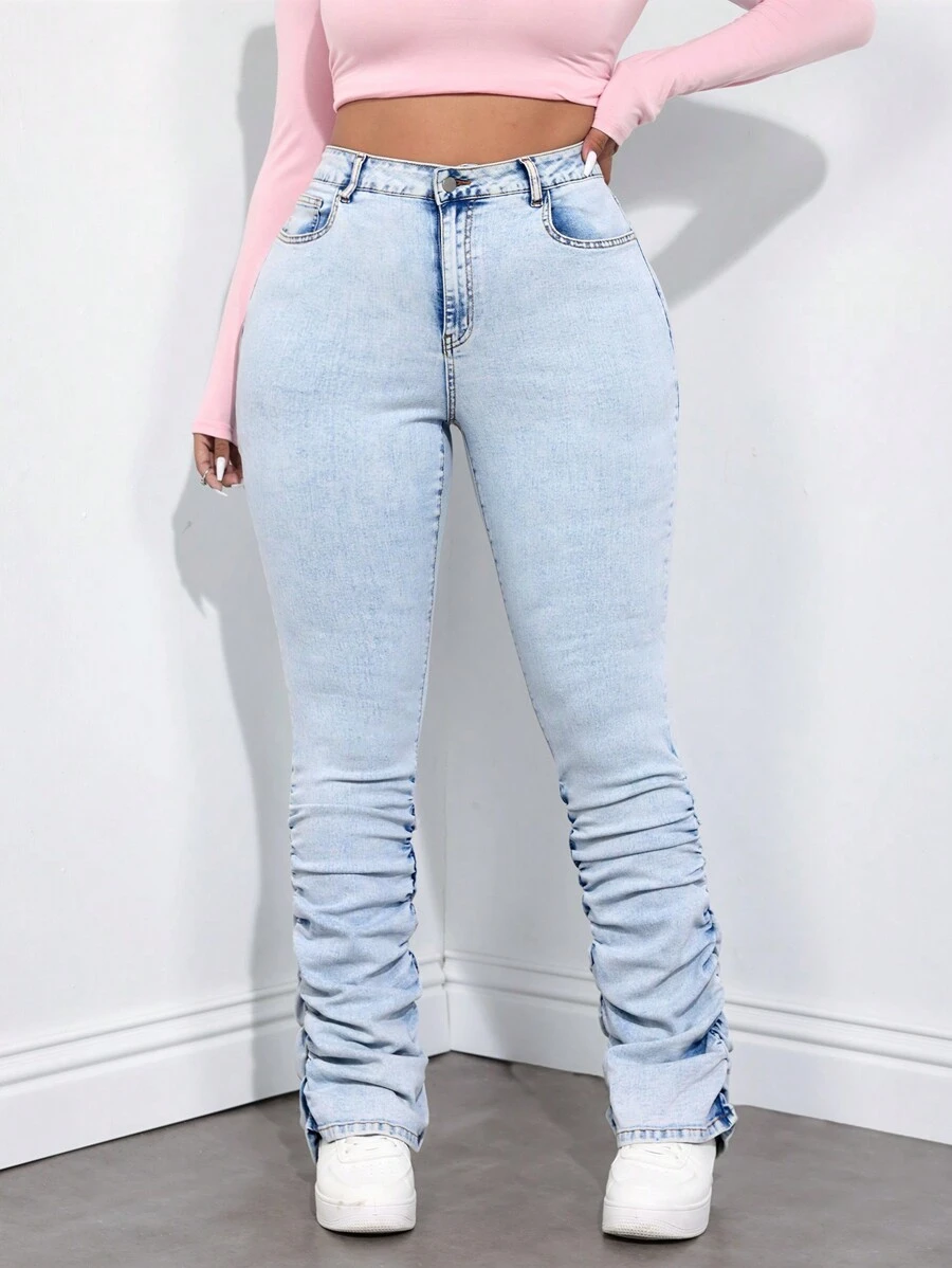 SHEIN ICON Plus Size Solid Color Pleated Pocket Casual Skinny Jeans