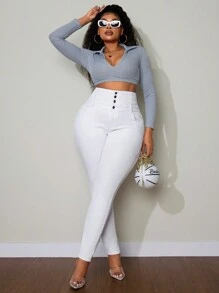 SHEIN SXY 大码纯色前扣口袋简约设计牛仔裤，休闲日常穿着 - 白色 - 查看 4