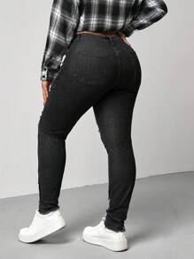 SHEIN Essnce Blue Plus Size Jeans Casual Skinny Stretch Ripped Tights - Black - View 2