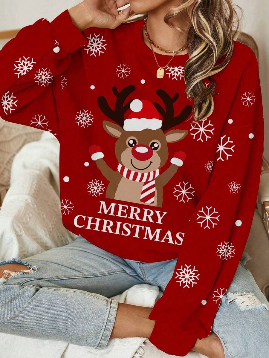 SHEIN LUNE Áo nỉ dài tay cổ tròn in họa tiết tối giản giản dị dành cho nữ, thích hợp cho mùa hè - Nhiều màu - Xem 1